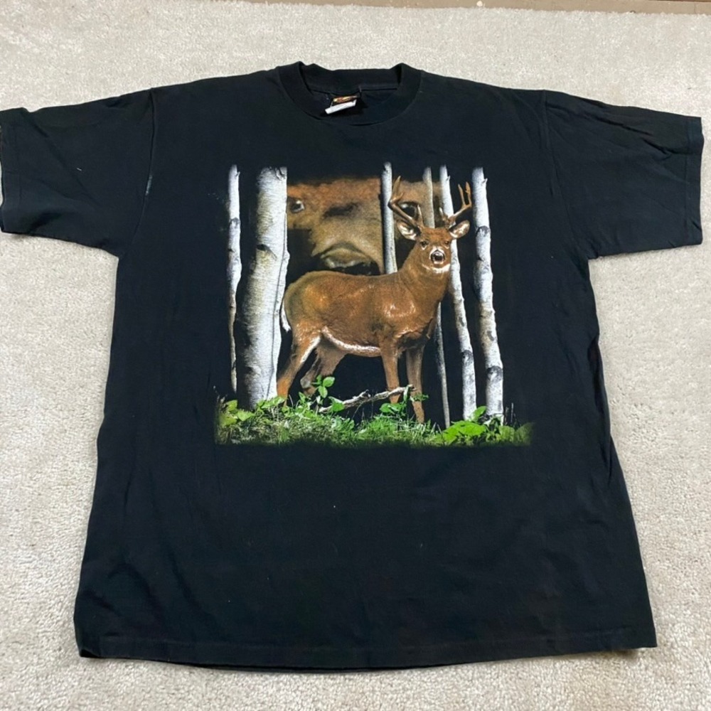 VTG Deer Shirt Mens XL Nature Graphic T-Shirt Black Hunting Buck Woods TSI